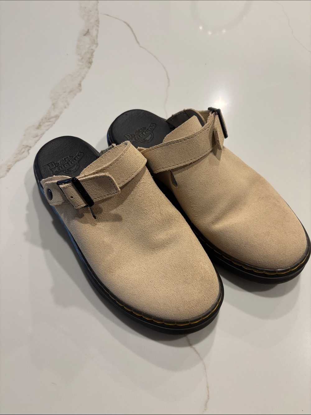 Dr. Martens Beige Suede Clogs with Adjustable Strap